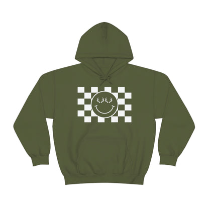 The Happy Hoodie - Military Green - Showcasing the happy face with antlers design