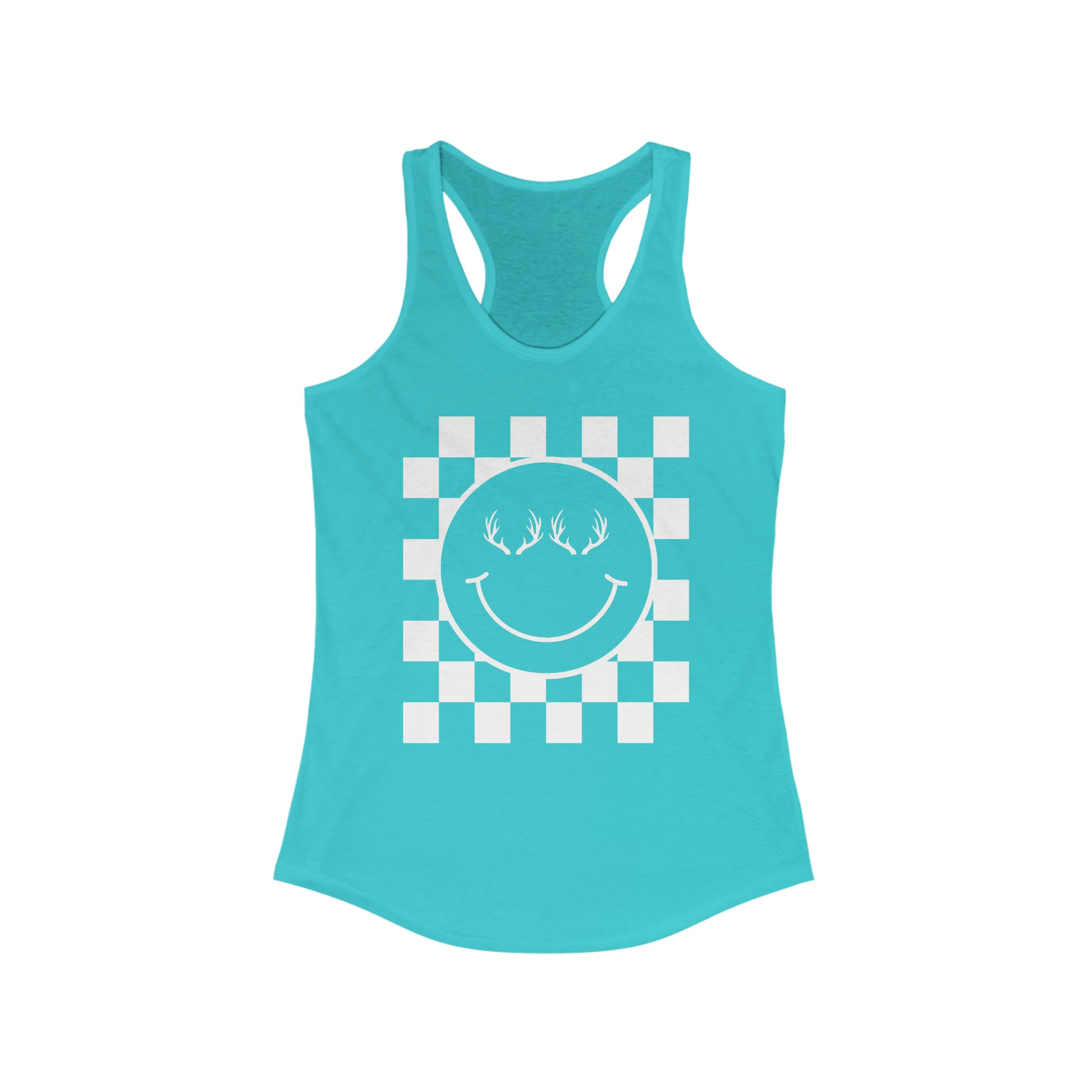 The Happy Racerback Tank - Teal- Showcasing the happy face with antlers design