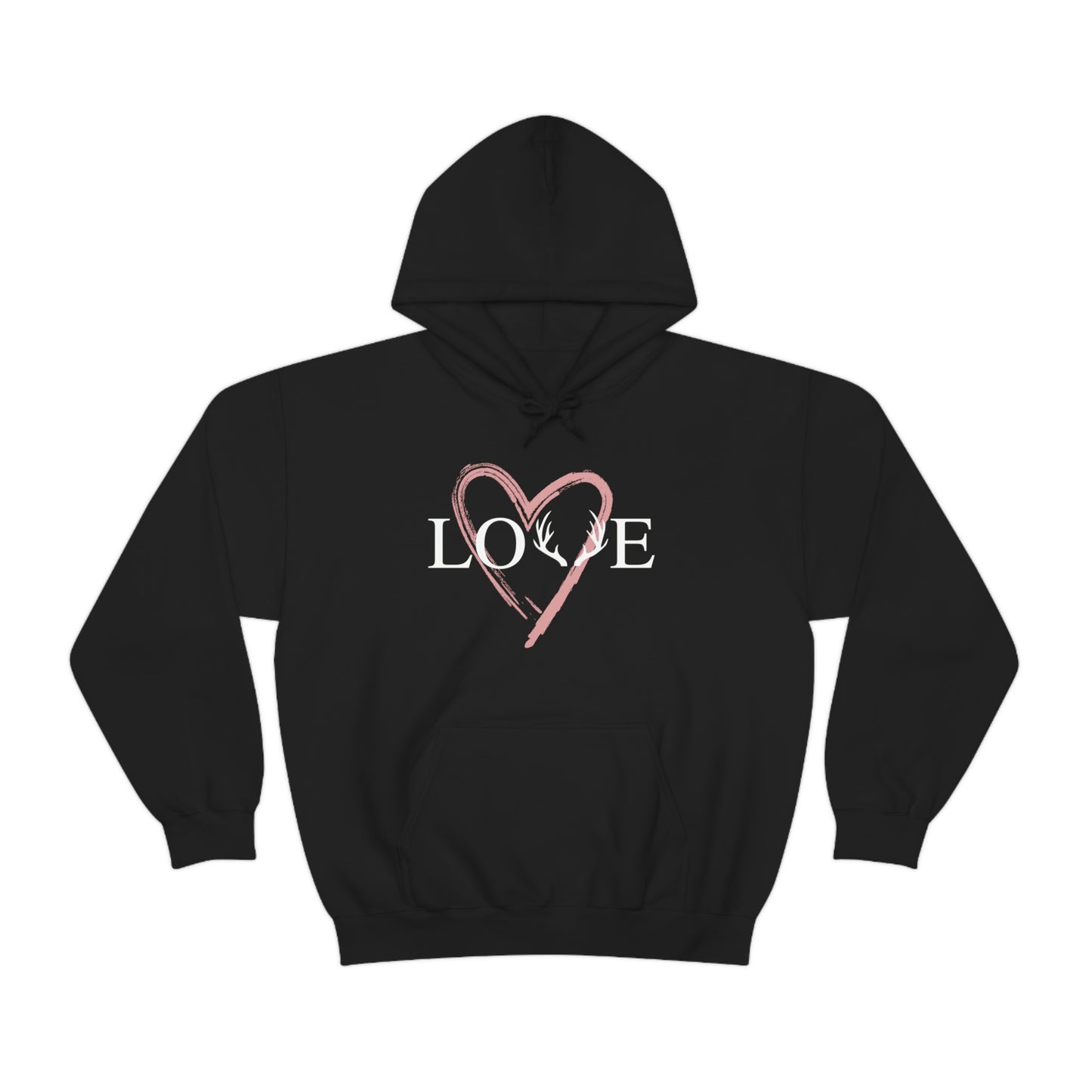 The Love Hoodie - Black - Showcasing the word "Love" with antlers design