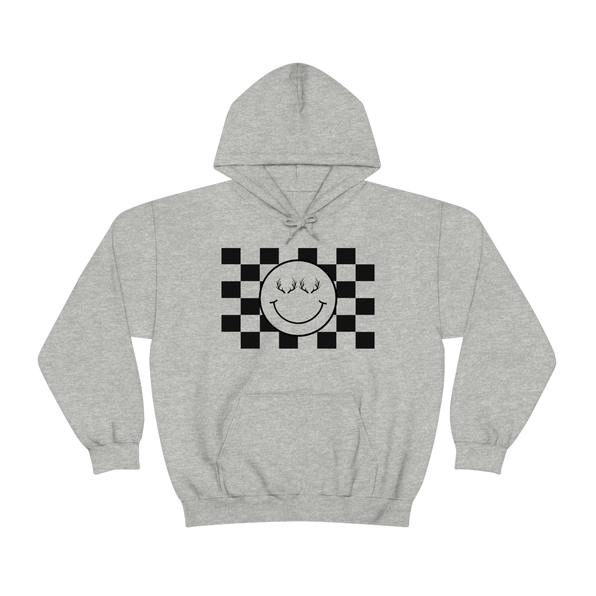 The Happy Hoodie - gray - Showcasing the happy face with antlers design