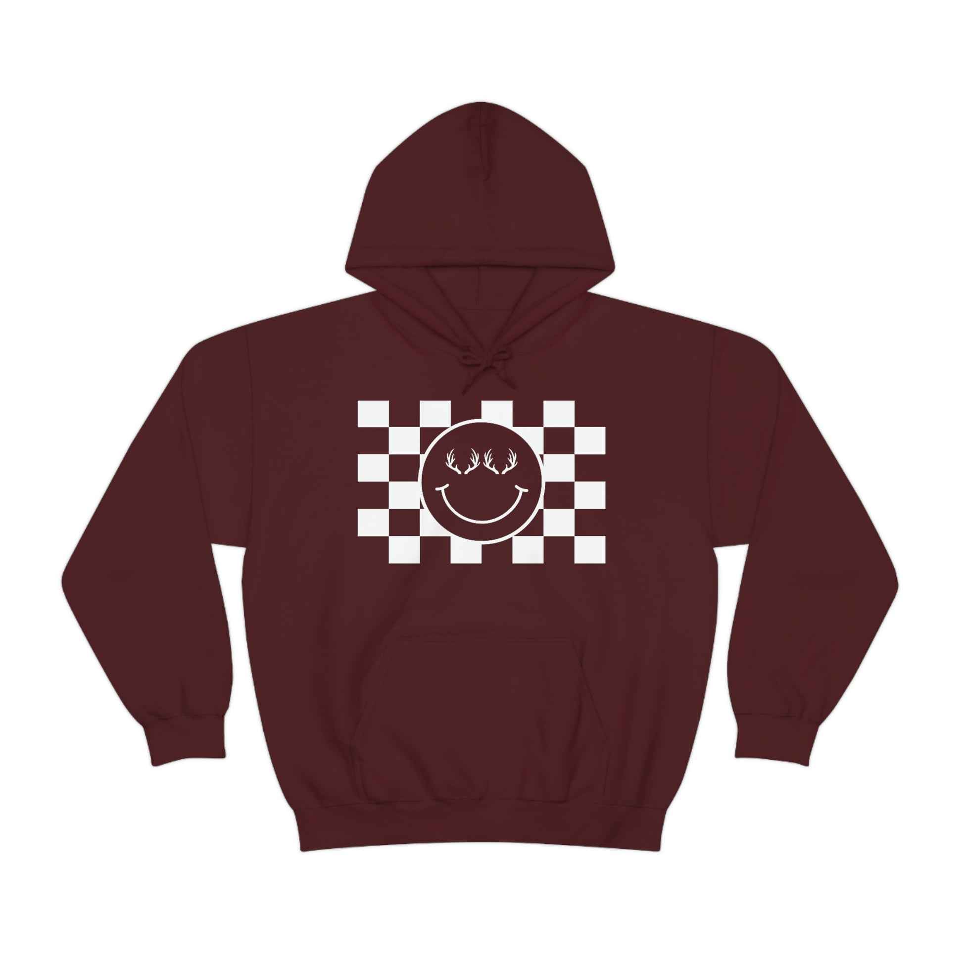 The Happy Hoodie - Maroon - Showcasing the happy face with antlers design