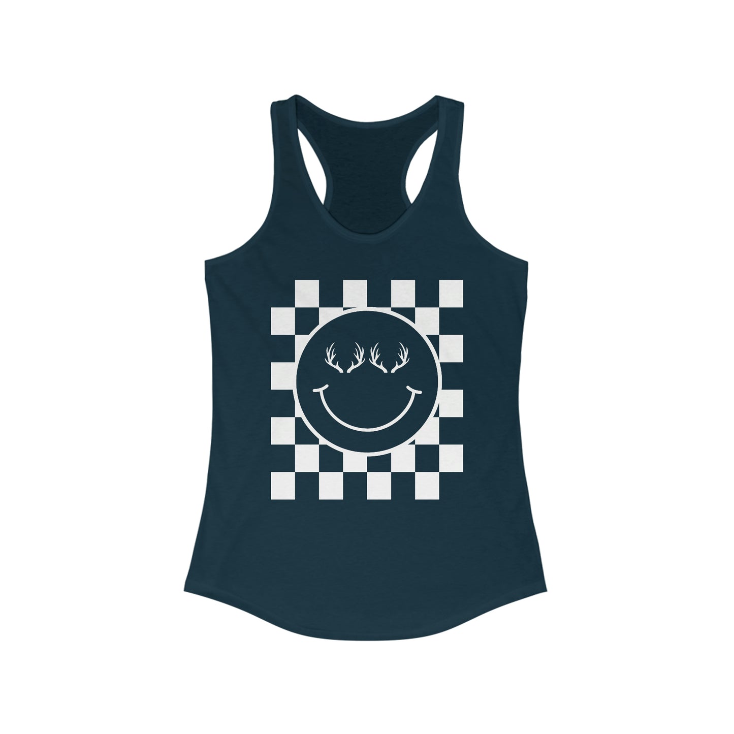 The Happy Racerback Tank - Navy - Showcasing the happy face with antlers design