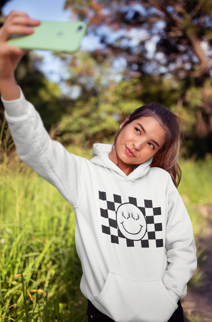 The Happy Hoodie - White- Showcasing the happy face with antlers design