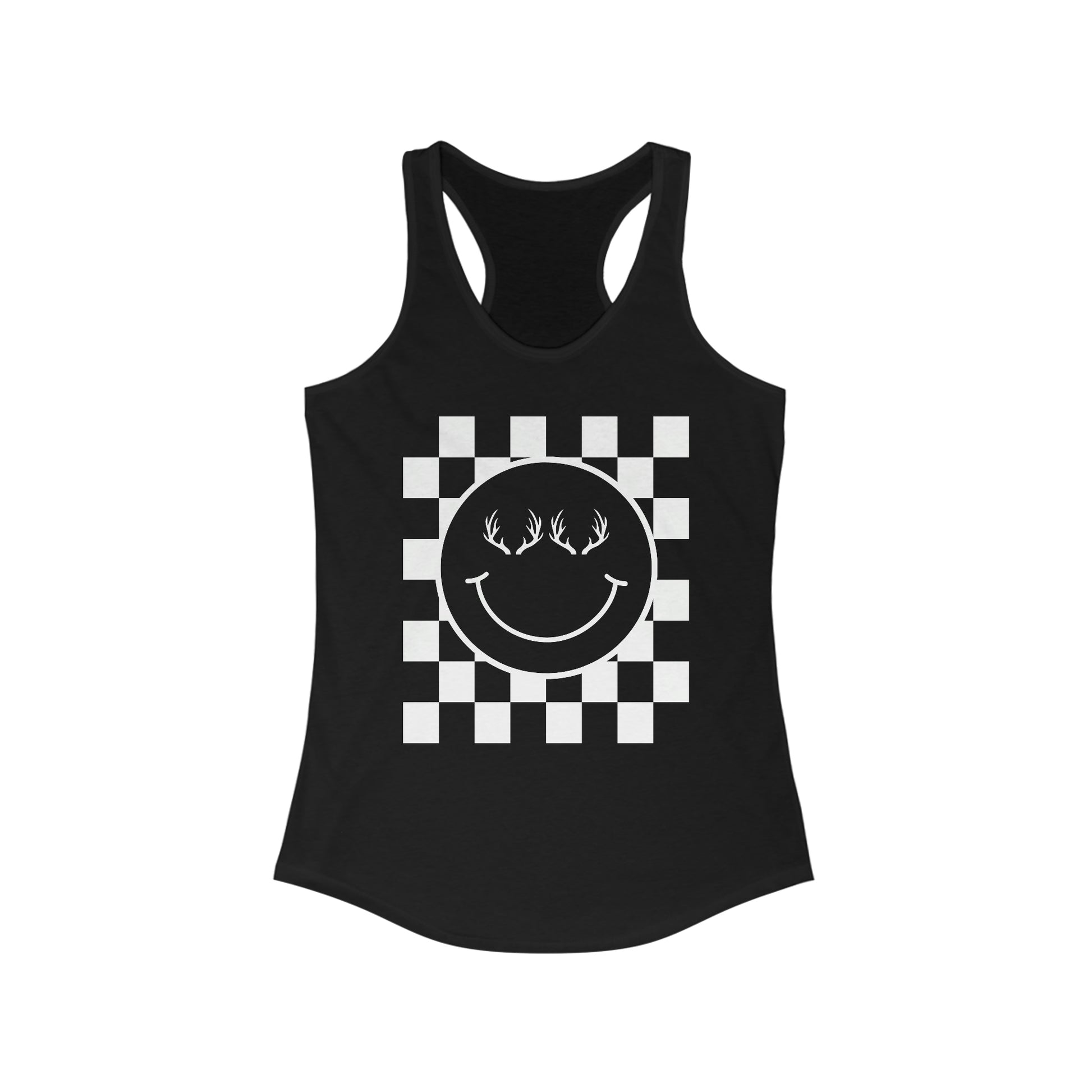 The Happy Racerback Tank - black - Showcasing the happy face with antlers design