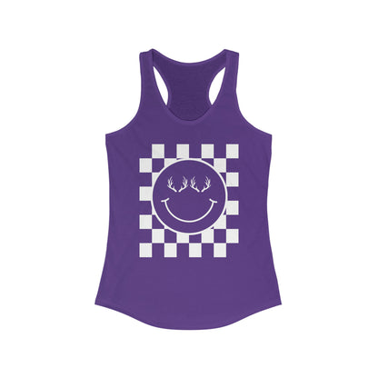 The Happy Racerback Tank - purple- Showcasing the happy face with antlers design