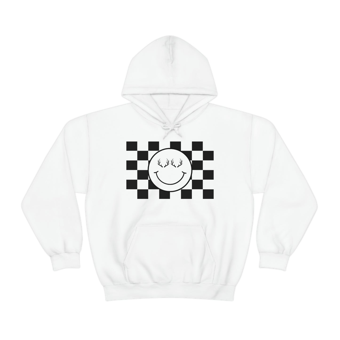 The Happy Hoodie - White - Showcasing the happy face with antlers design