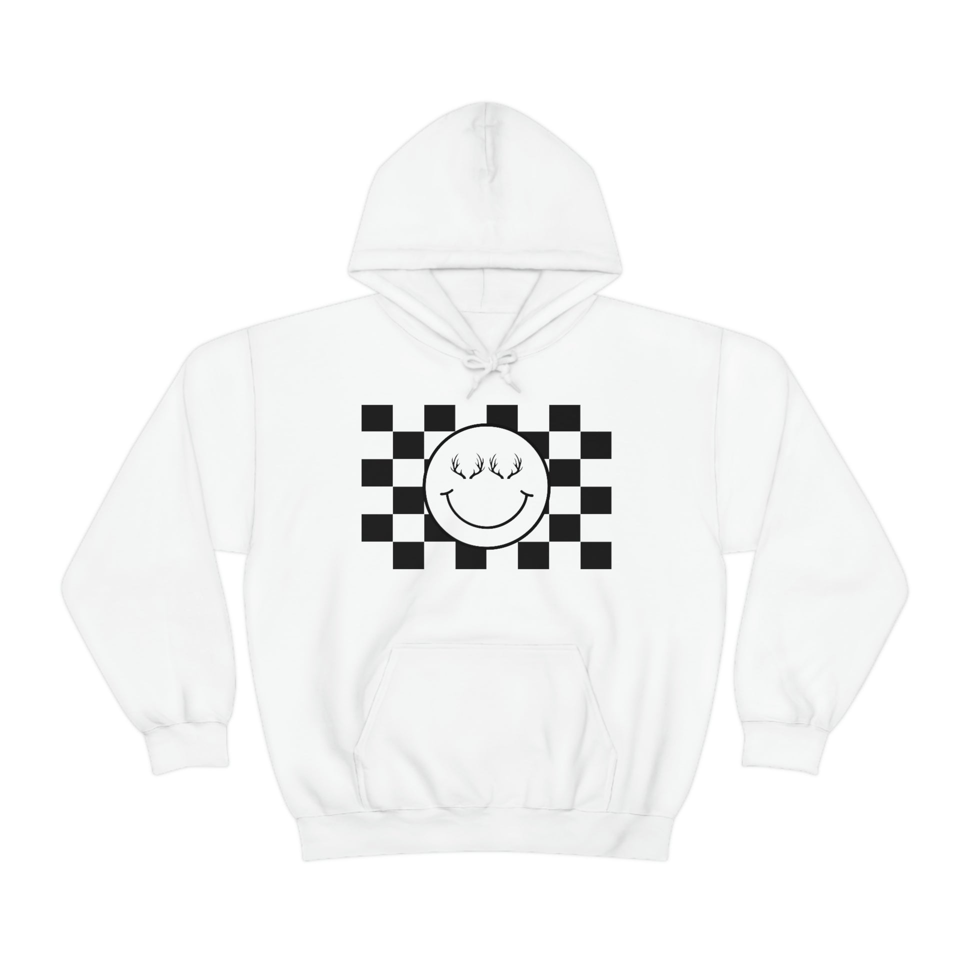 The Happy Hoodie - White - Showcasing the happy face with antlers design