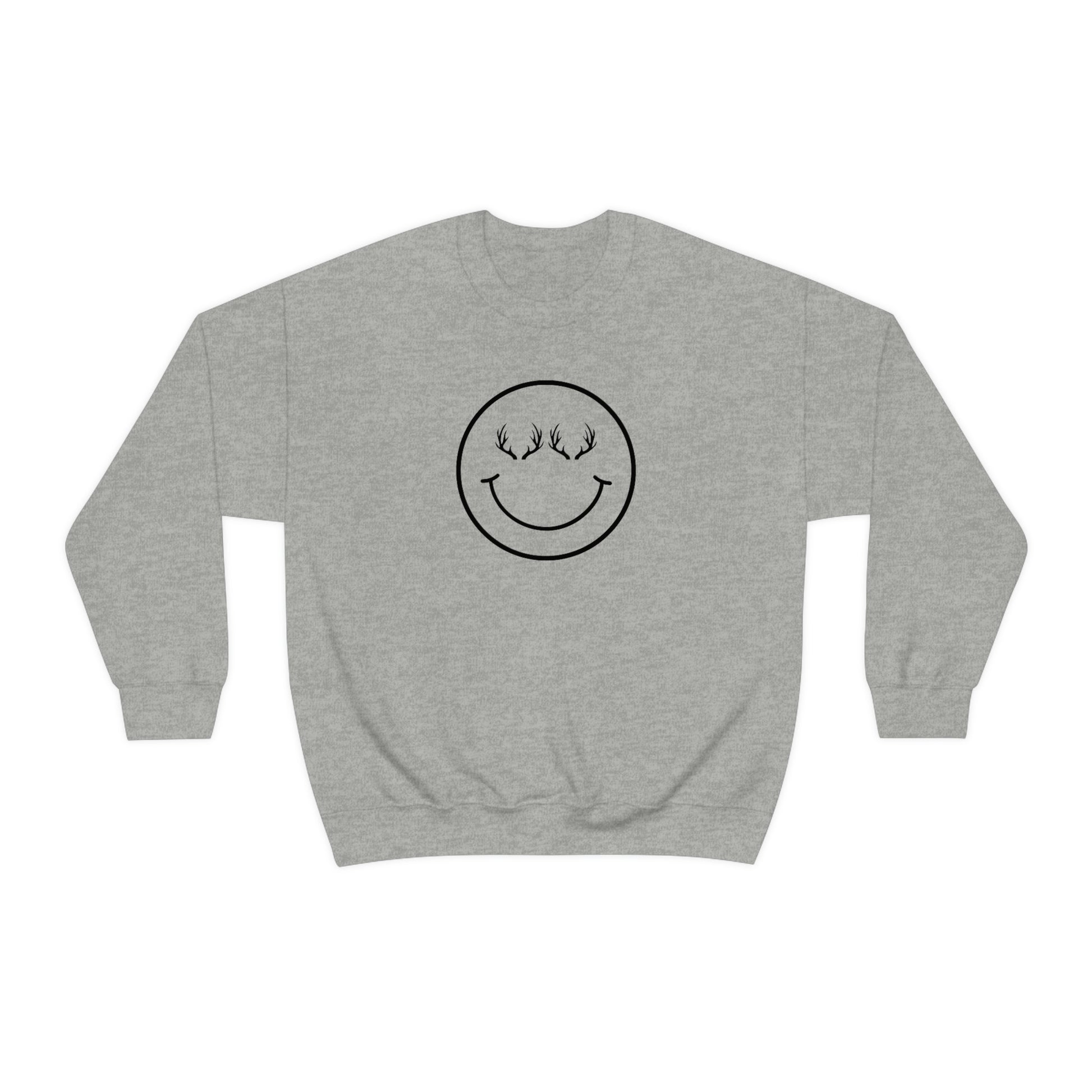 Happy Antlers Crewneck Sweatshirt - Gray - Showcasing the "Happy Antlers" design