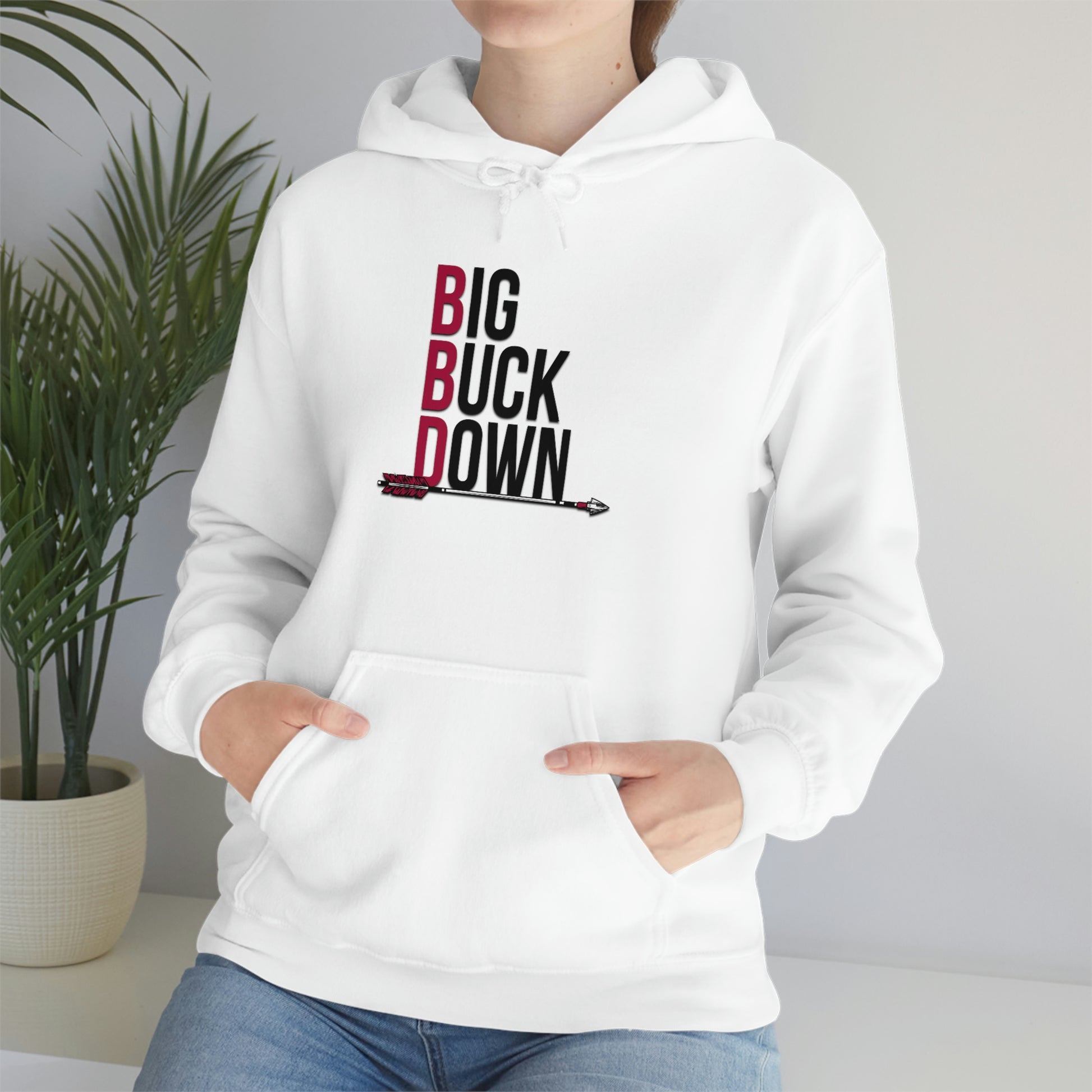 Big Buck Down Hoodie - White - Cozy hoodie featuring "BBD - Big Buck Down" design