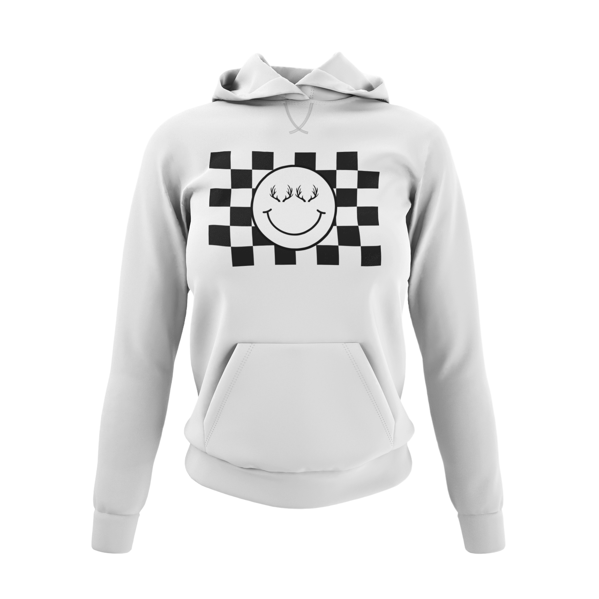 The Happy Hoodie - White - Showcasing the happy face with antlers design