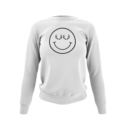 Happy Antlers Crewneck Sweatshirt - White - Showcasing the "Happy Antlers" design