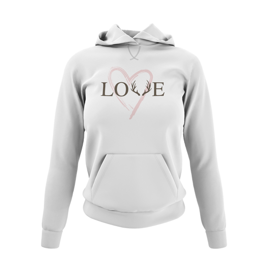 The Love Hoodie - White - Showcasing the word "Love" with antlers design